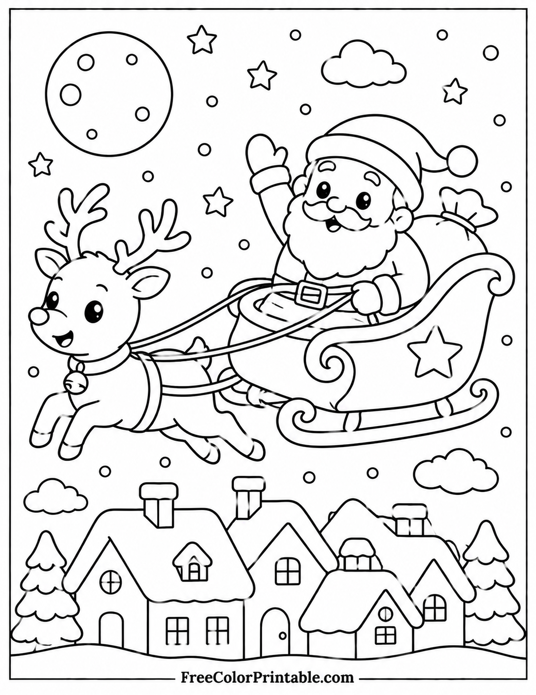 Santa’s sleigh over a snowy village Coloring Page — Free Printable — free printable coloring page